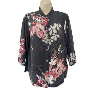 Citron Santa Monica Woman's Sz PM Gray 100% Silk Foo Dog Dragon Print Blouse